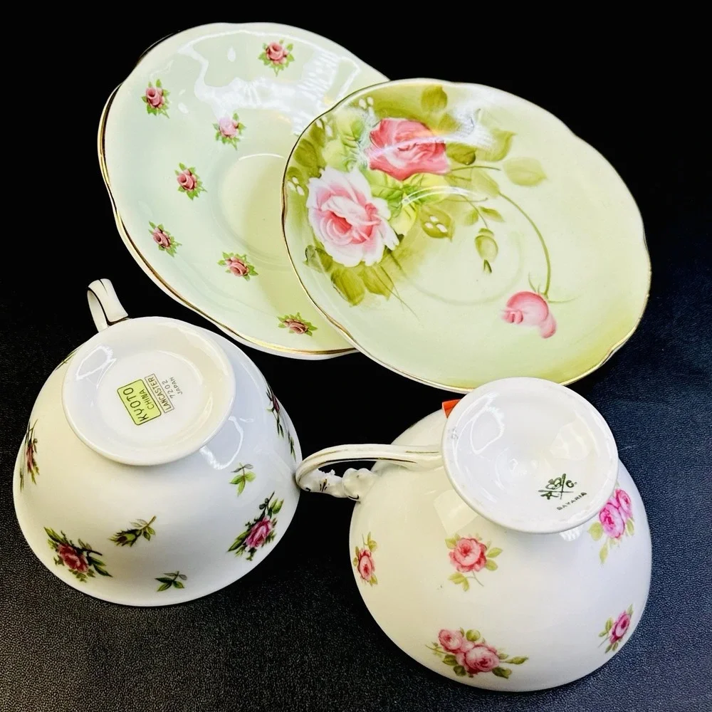 Mismatched‎ Tea Cups & Saucers Set Of 2 Vtg Bone China Pink Roses Green Floral